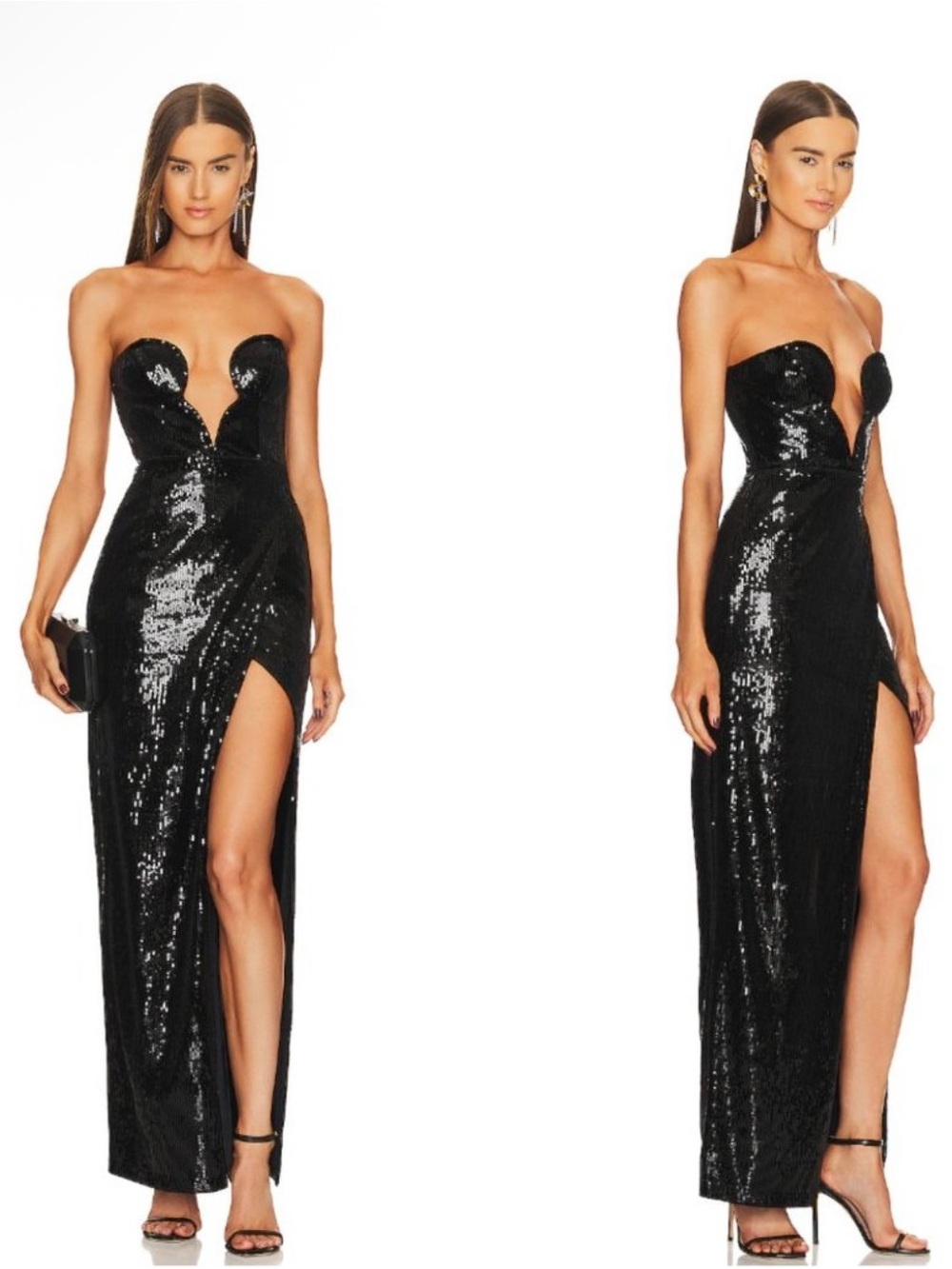 Michael Costello x Revolve Giselle Black Sequin V Wire Strapless Drape Gown